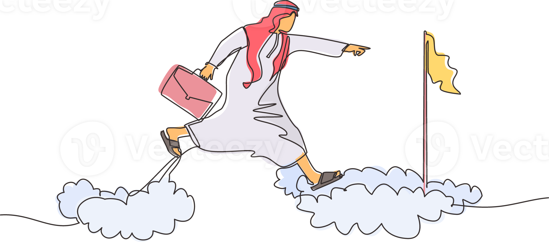 Continuous one line drawing fearless brave Arabic businessman make risk by jump over clouds to reach his success target or flag. Challenge of his career. Single line design graphic illustration png