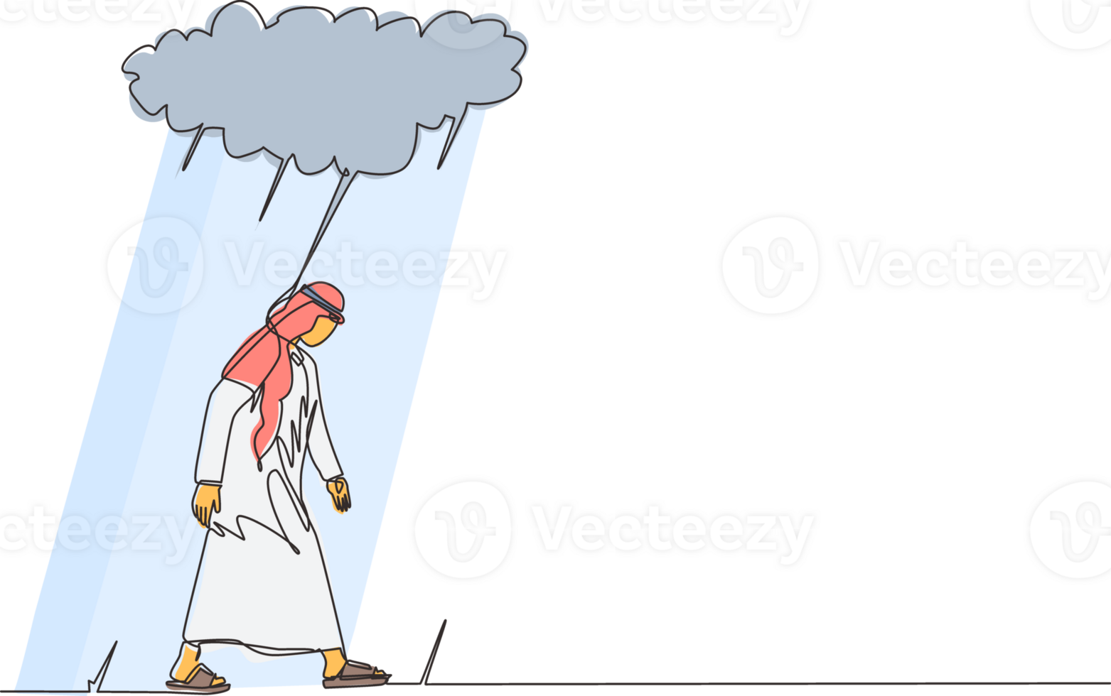 Single one line drawing unhappy depressed sad Arabian businessman in stress walking under rain cloud. Alone loser male depression. Loneliness in overcast weather. Continuous line design graphic png