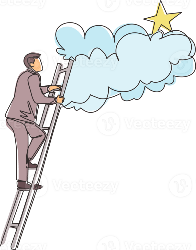 Single continuous line drawing businessman climbing ladder to reach out for the stars. Businessman climbing to goal. Motivation to be success, winner, finish, win. One line draw graphic design png