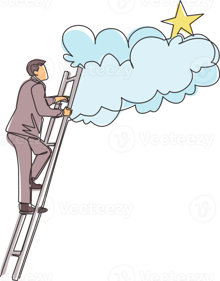 Célibataire continu ligne dessin homme d'affaire escalade échelle à atteindre en dehors pour le étoiles. homme d'affaire escalade à but. motivation à être succès, gagnant, finir, gagner. un ligne dessiner graphique conception png
