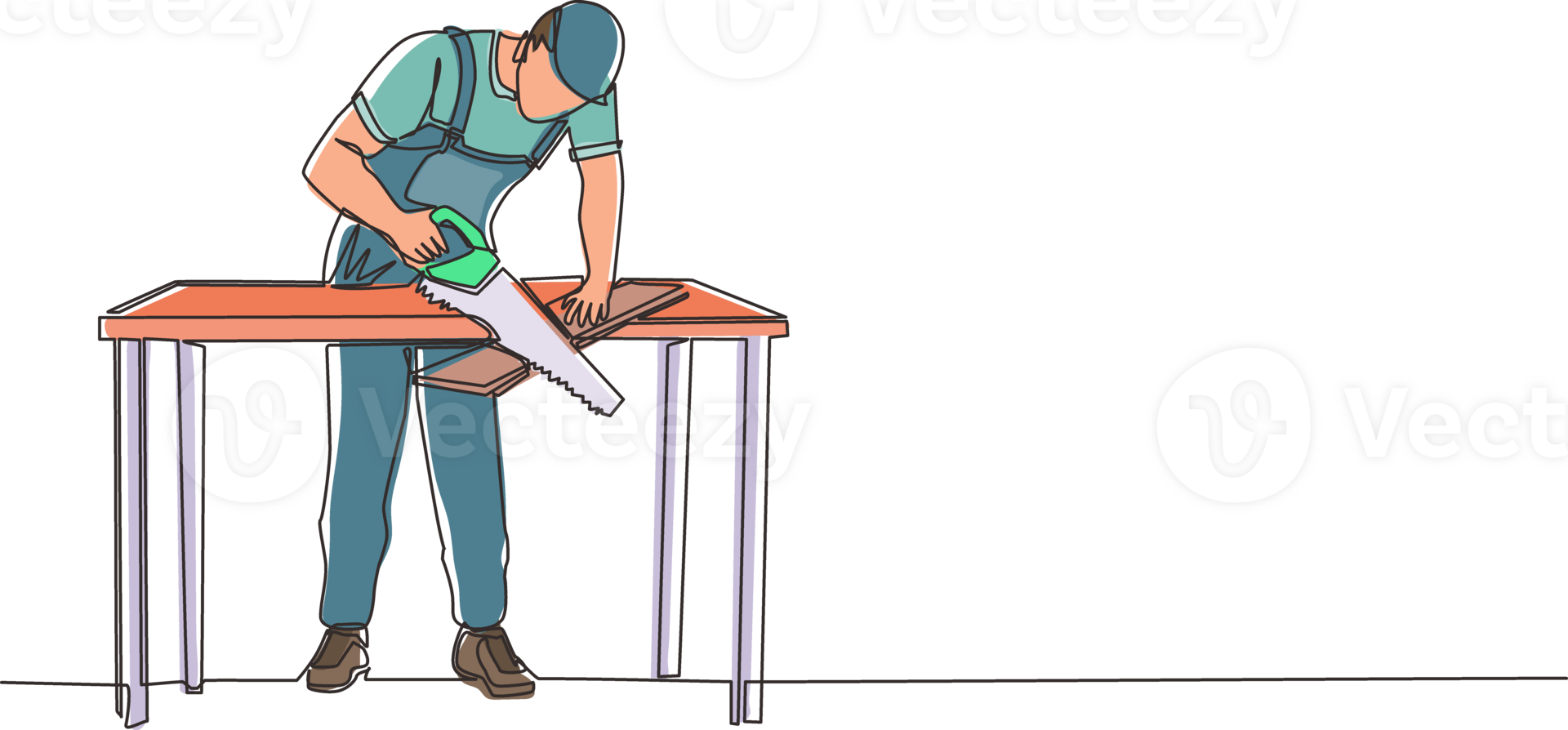 Single continuous line drawing builder or carpenter repairman sawing boards. Building, construction and repair work services. Business concept. Dynamic one line draw graphic design illustration png