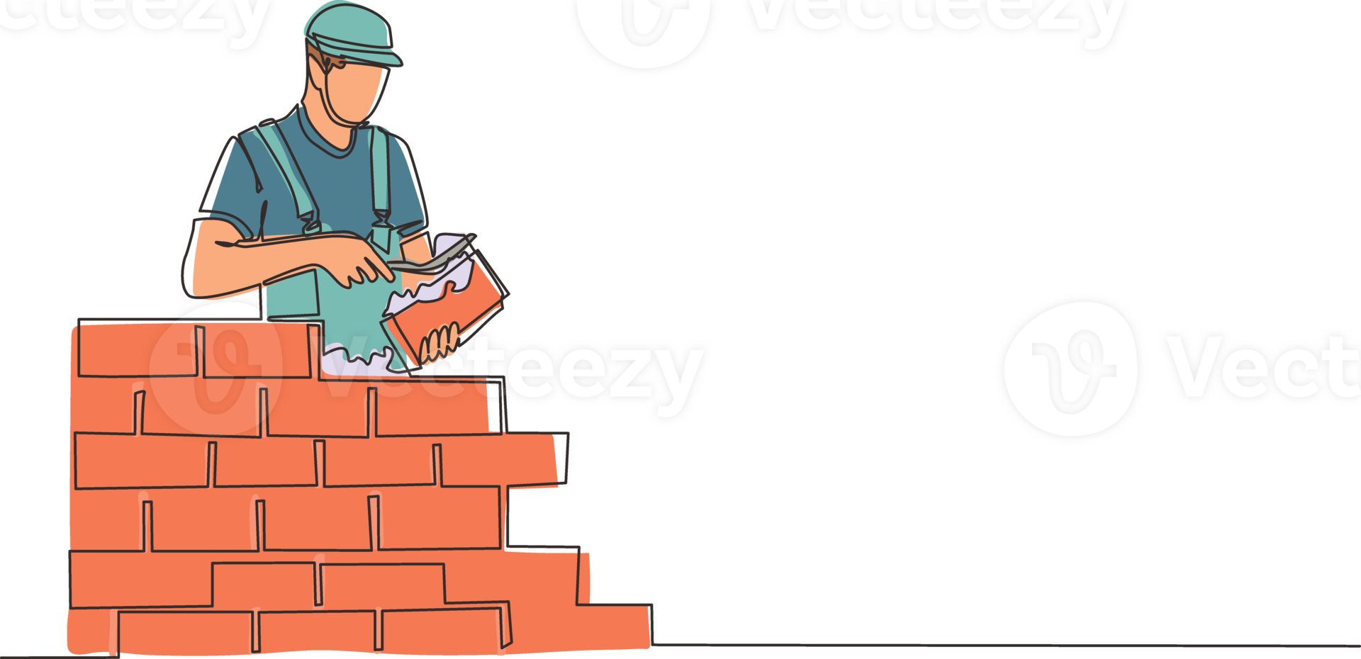 Continuous one line drawing repairman building brick wall. Construction worker in uniform and helmet doing work. Builder concept. Repair work services. Single line design graphic illustration png