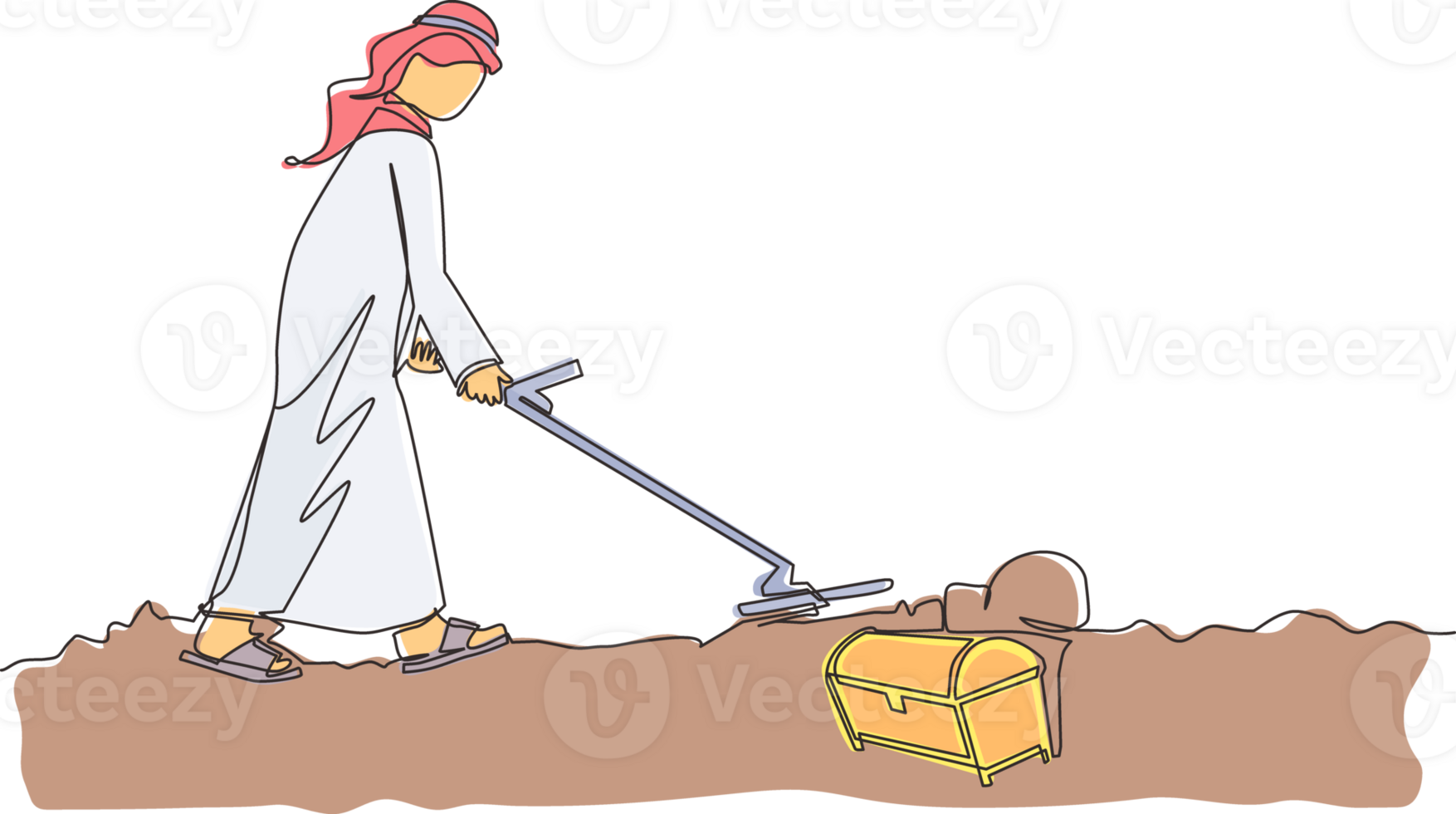 Single continuous line drawing businesswoman with metal detector looking for treasure chest. Woman treasure seeker with metal detector finding precious jewel. One line draw design illustration png