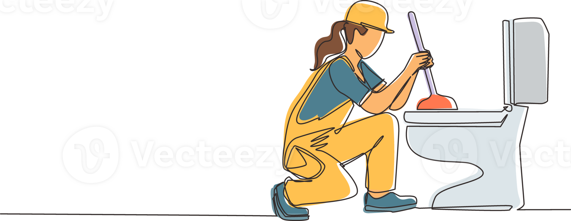 Single continuous line drawing toilet cleaning, plumbing service. Plumbing toilet leakage or clogging. Plumber repairwoman. Sewage system. Toilet bowl and sewer. One line draw graphic design png
