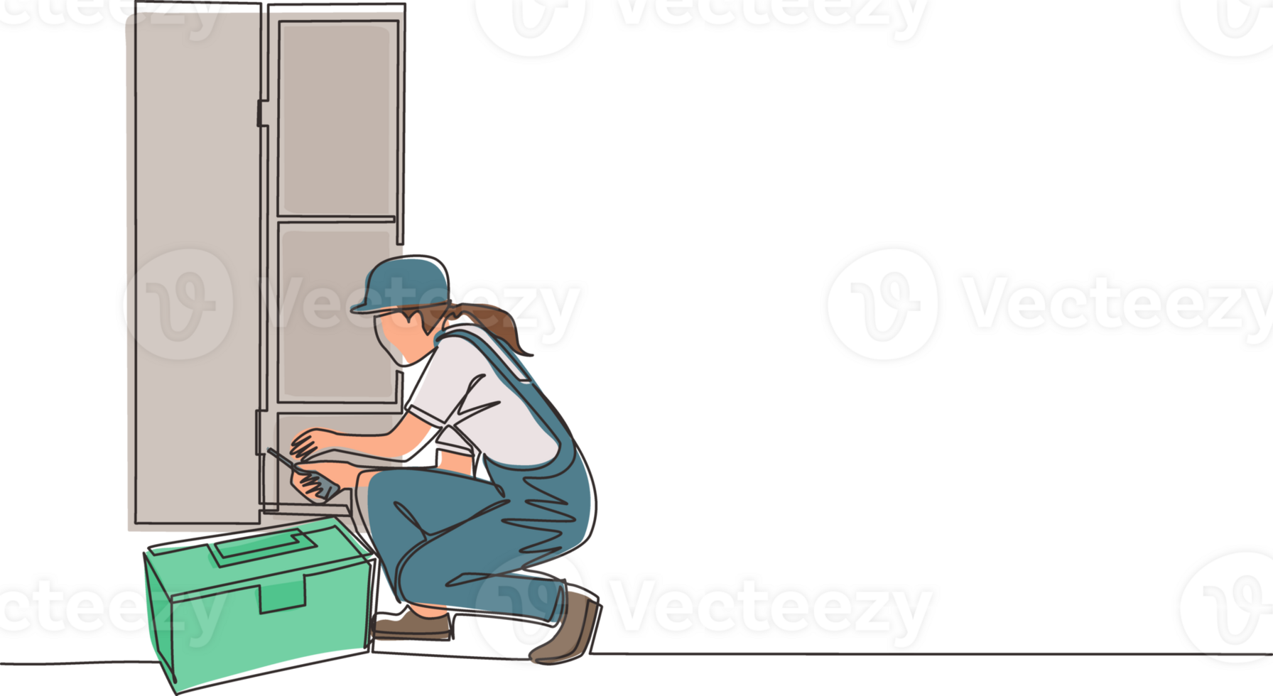 Single one line drawing repair, maker or constructions of wood home furniture. Woman carpenter is assembling of wardrobe or cabinet with shelves. Modern continuous line draw design graphic png