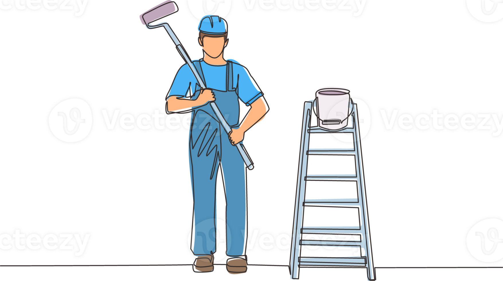 Continuous one line drawing painter man in overalls with a painting roller, with bucket and ladder. Room painter. Handyman. Construction worker. Single line draw design graphic illustration png