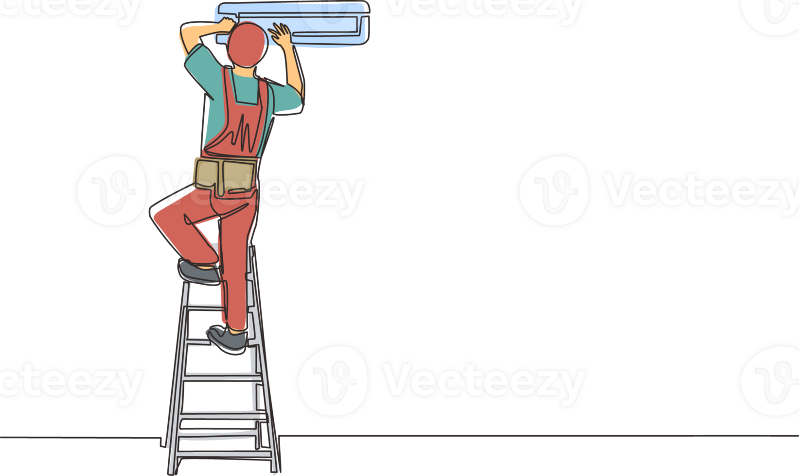 Single continuous line drawing air conditioning repair. Repairman technician man repairing air conditioner. Air conditioning unit repair, maintenance professional service. One line draw design png