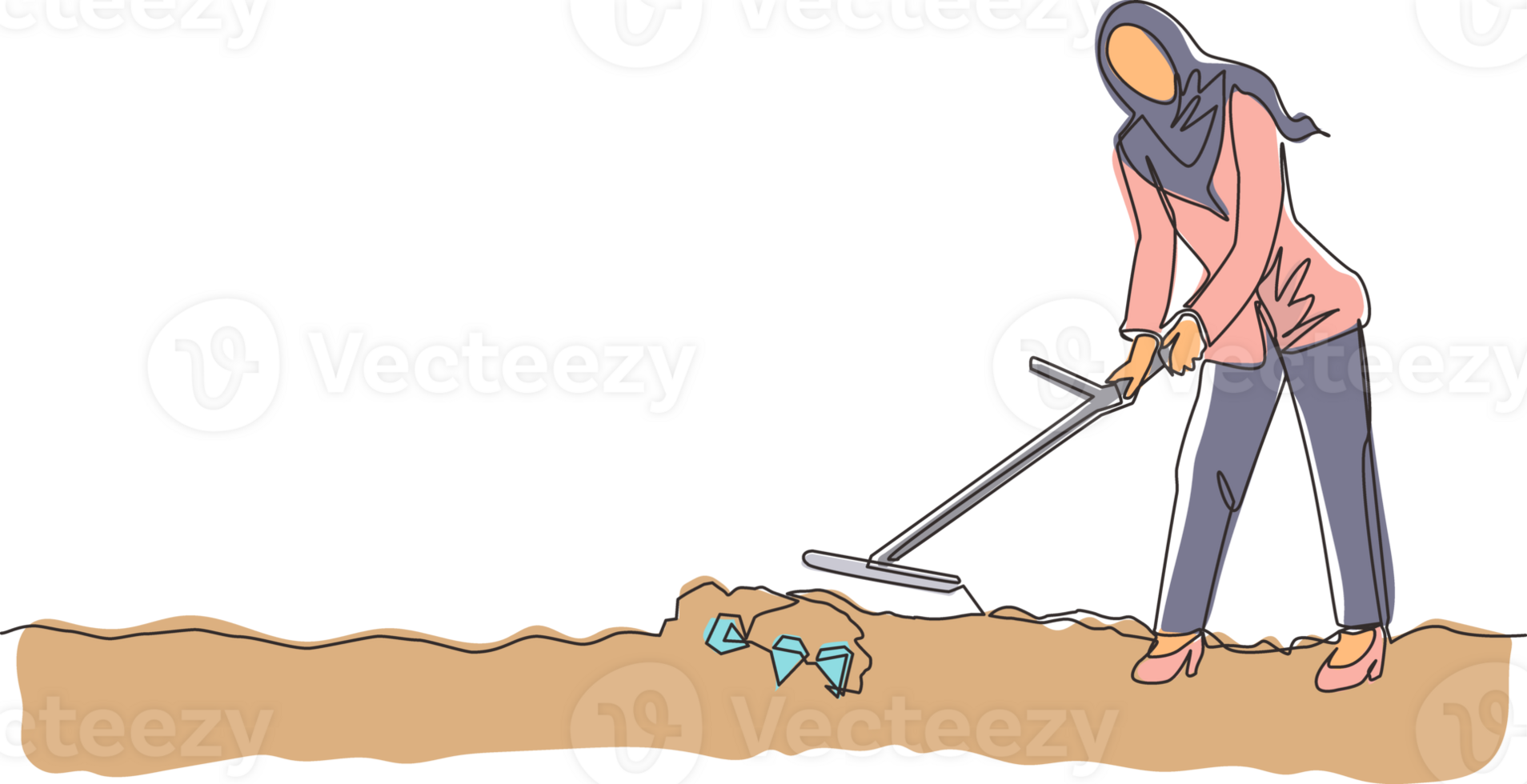 Single continuous line drawing Arab businesswoman with metal detector looking for pile of diamond. Woman treasure hunter with metal detector finding precious stone. One line draw graphic design png