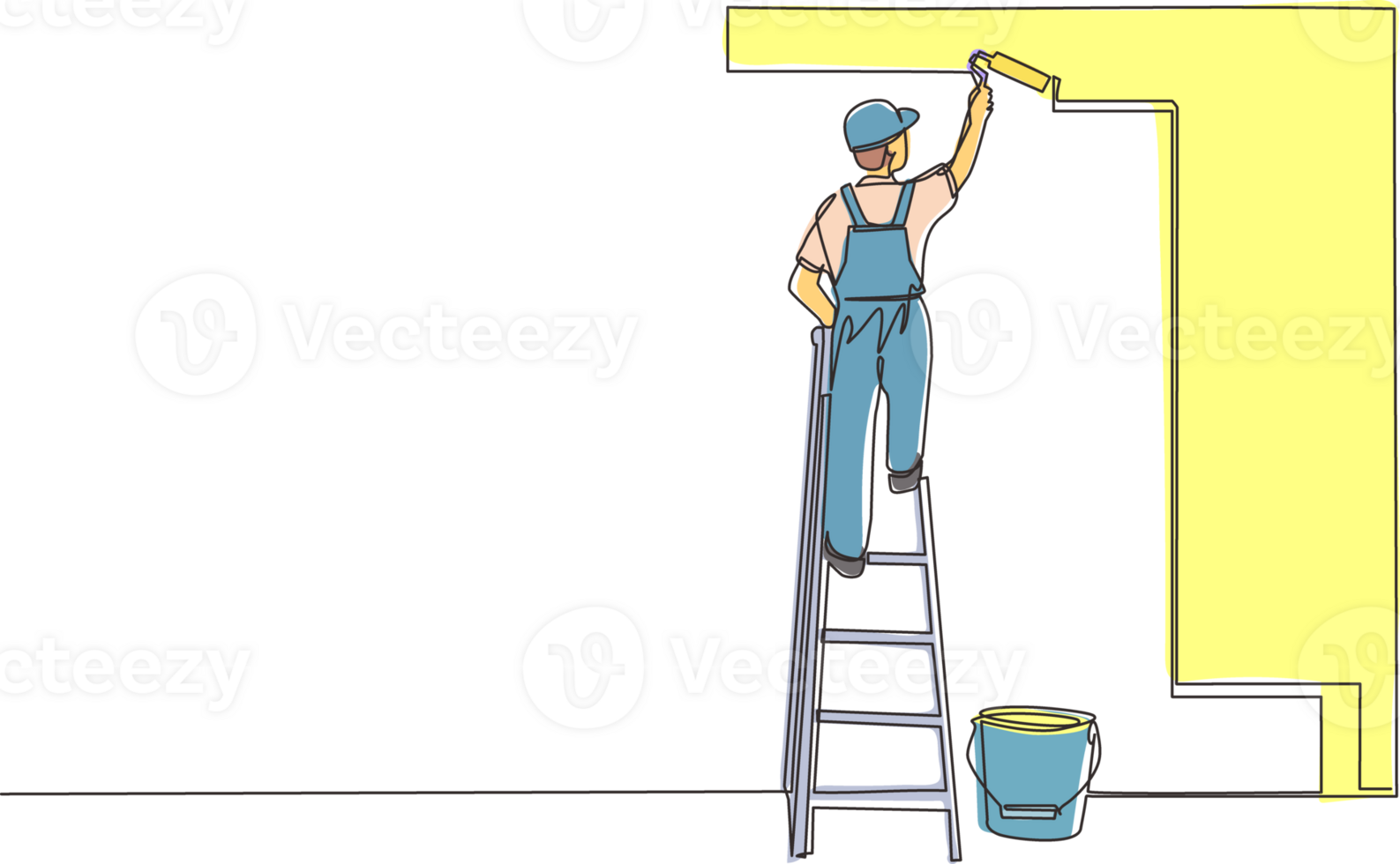 Single one line drawing painter standing on staircase paints wall. Man is holding paint roller in hand. Human runs to provide construction work. Worker in uniform. Continuous line draw design png