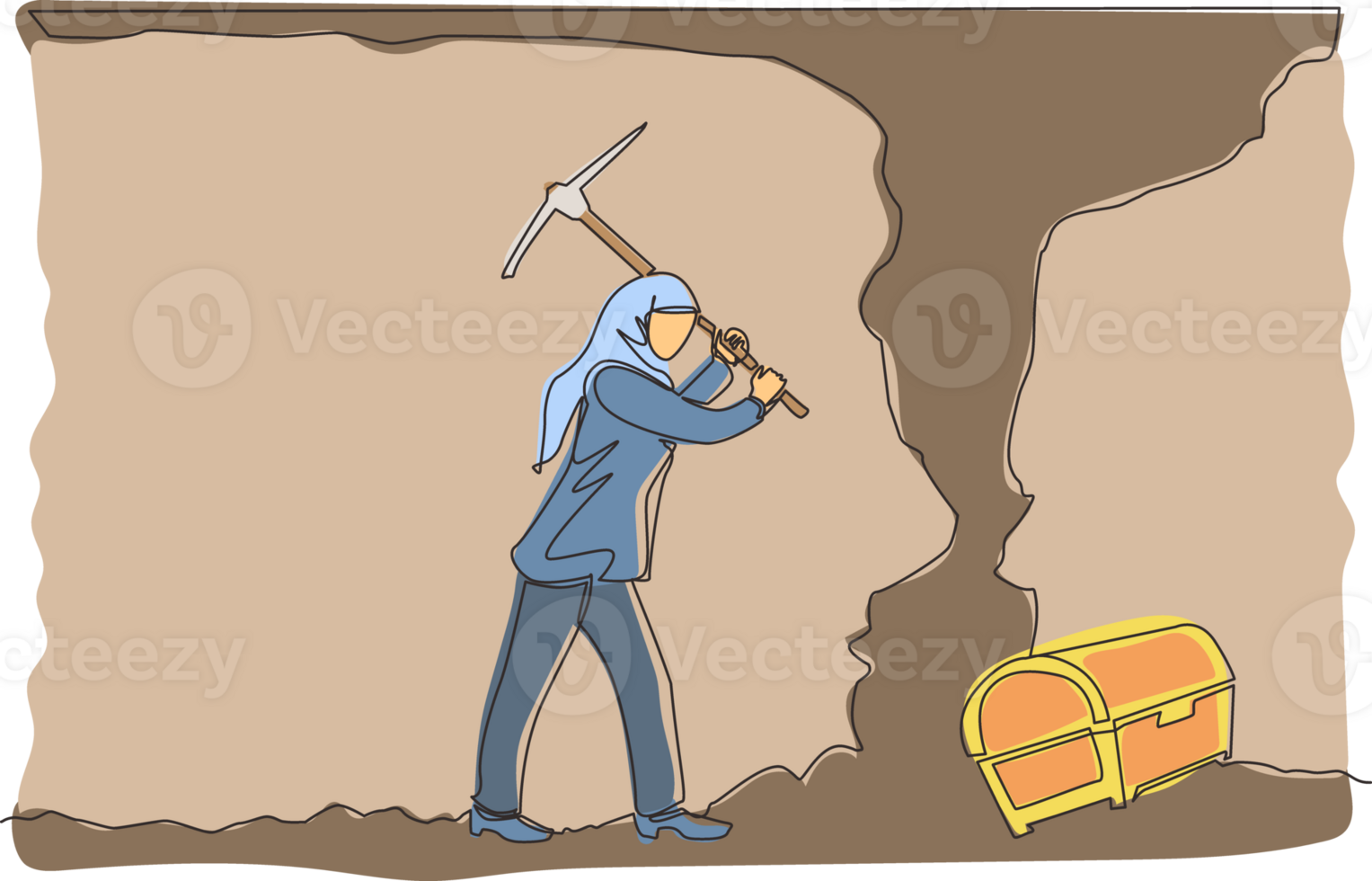 Continuous one line drawing Arabian businesswoman digging with pickaxe looking for hidden treasures. Woman digging and mining for treasure chest in underground tunnel. Single line draw design png