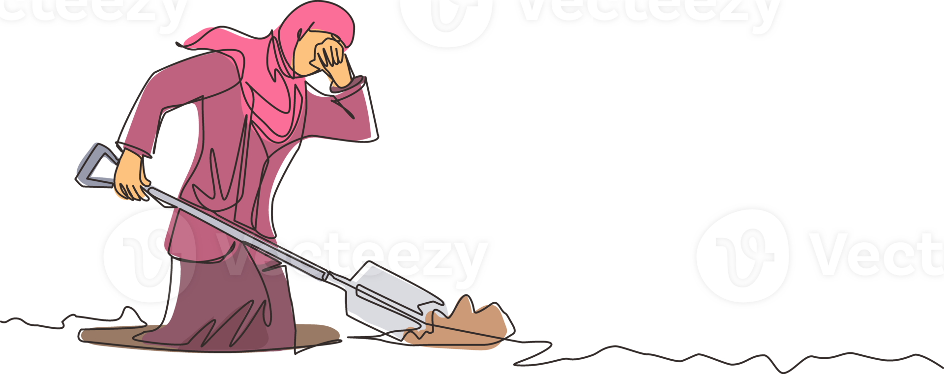 kontinuierlich einer Linie Zeichnung arabisch Geschäftsfrau Tücher Schweiß auf ihr Stirn während graben Loch. Arbeiter noch nie geben oben zu Fertig ihr Arbeit. Arbeit hart. Single Linie zeichnen Design Grafik Illustration png