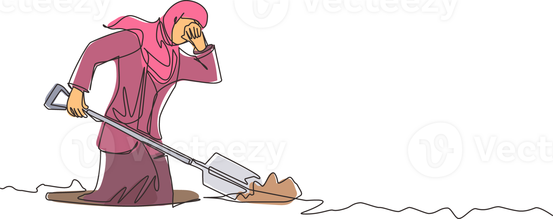 Continuous one line drawing Arabian businesswoman wipes sweat on her forehead while digging hole. Worker never give up to finish her job. Work hard. Single line draw design graphic illustration png