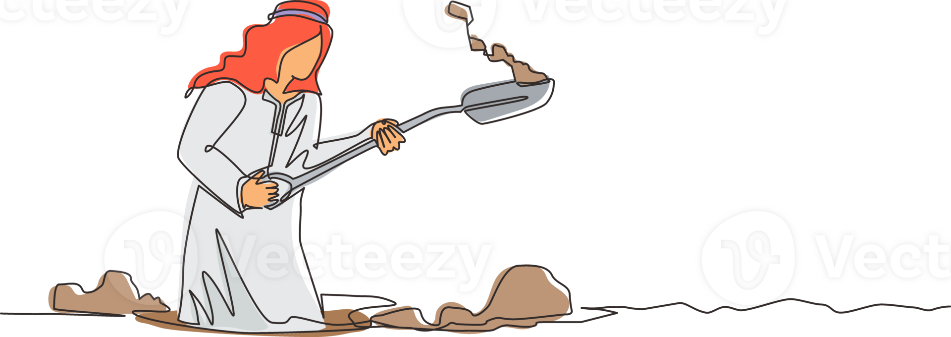 Single continuous line drawing Arab businessman digging in dirt using shovel. Man in suit dig ground with spade. Treasure digging, growth wealth concept lucky rich man. One line graphic design png