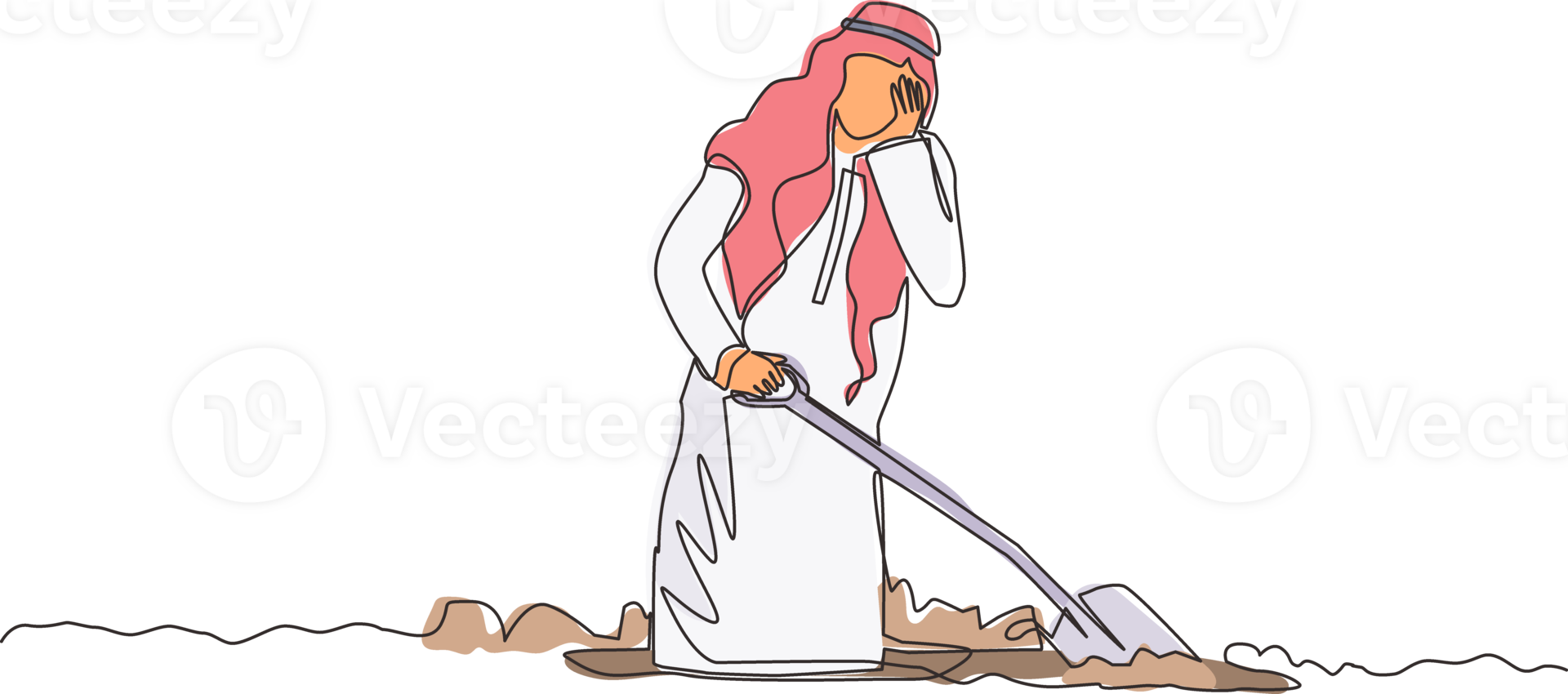 Continuous one line drawing Arabic businessman wipes sweat on his forehead while digging hole. Worker never give up to finish his job. Work hard concept. Single line design graphic illustration png