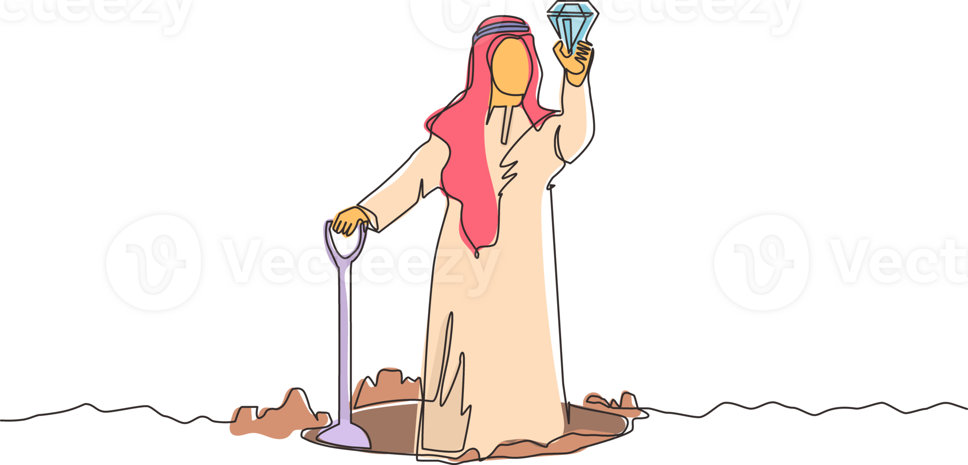 Continuous one line drawing happy Arab businessman hold and find diamond from ground. Excited treasure seeker with precious stone in hand. Treasure gold hunting. Single line draw design graphic png