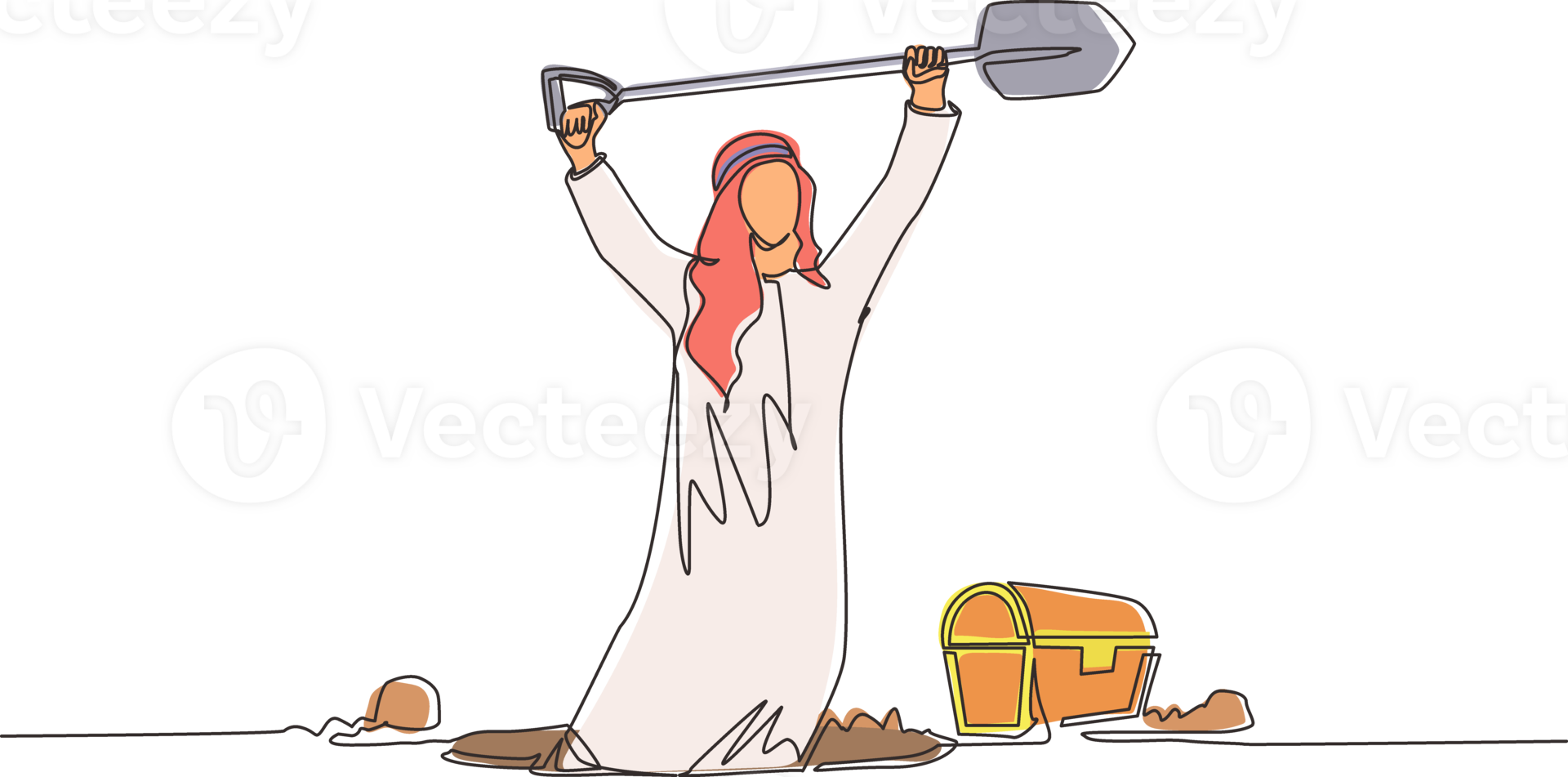 Single one line drawing Arabian businessman in hole prancing happily while lifting shovel with both hands and finding treasure chest. Lucky rich man. Continuous line design graphic illustration png