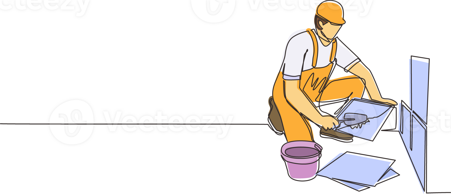 Single one line drawing repair worker laying ceramic wall tile. Professional tiler in uniform working. Repairman in overalls tiling at home. Continuous line draw design graphic illustration png