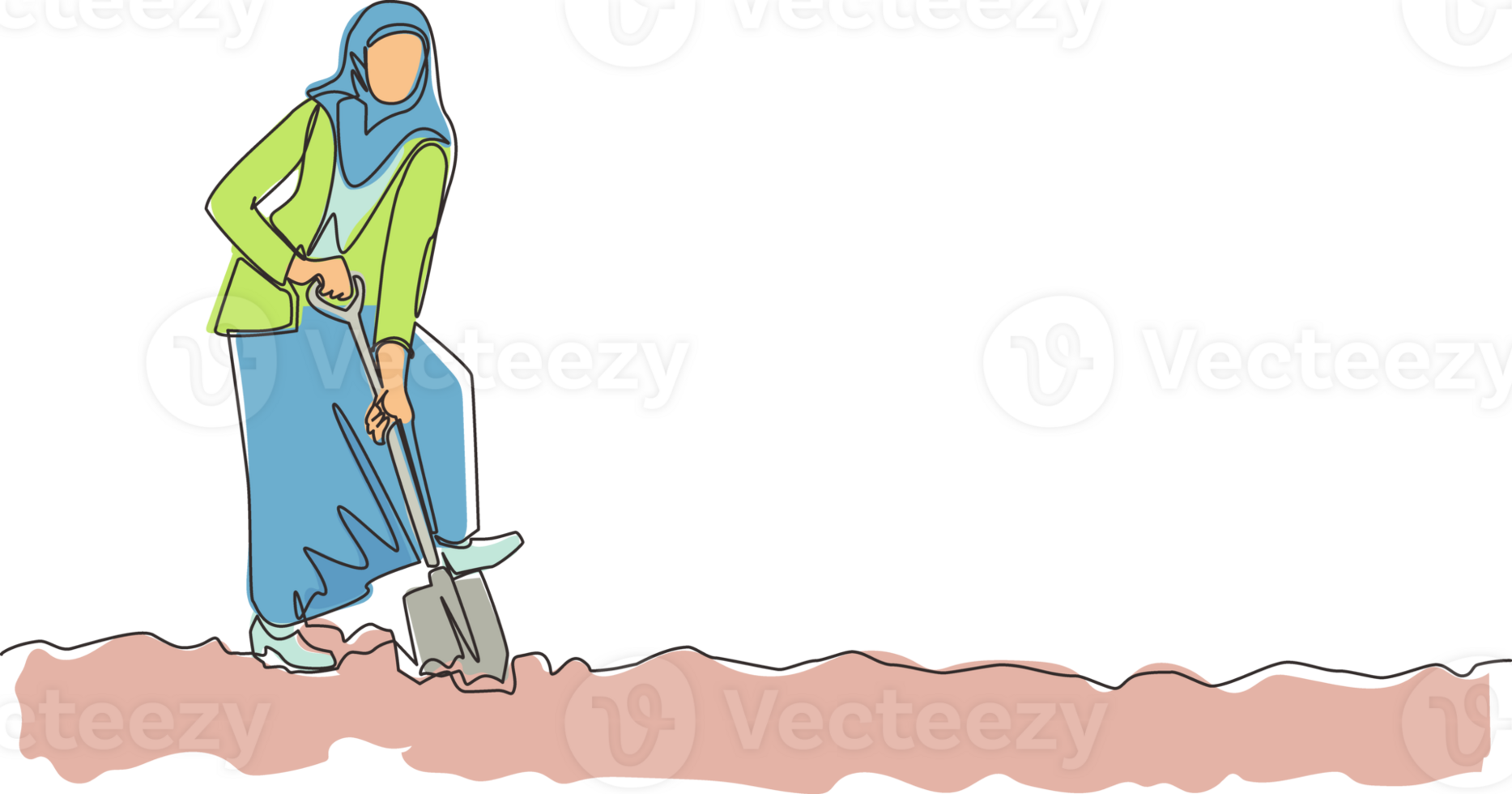 Single one line drawing Arabian businesswoman digging in dirt using shovel. Woman in hijab dig ground with spade. Business metaphor. Hard working process. Continuous line draw design graphic png