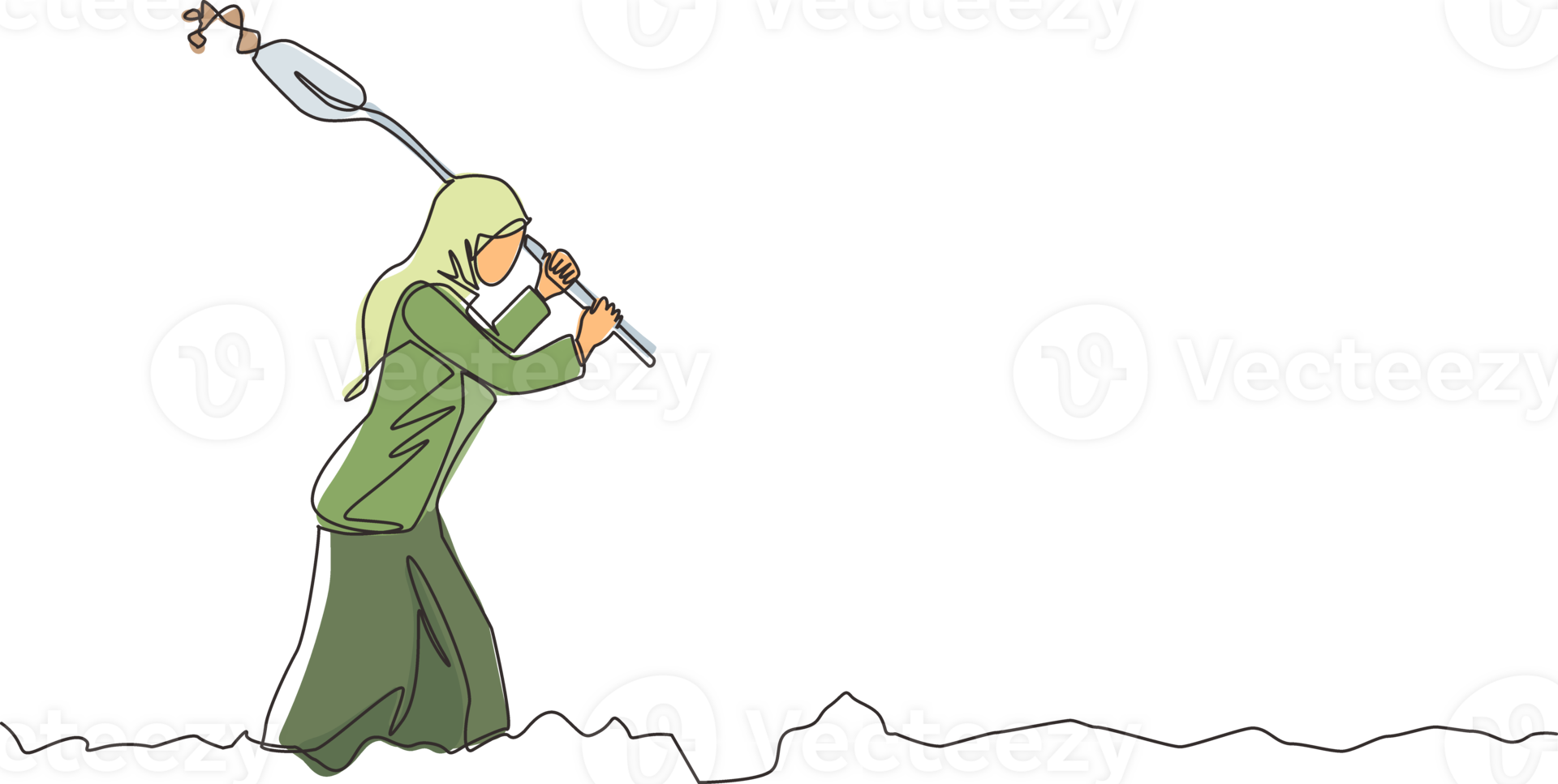 Single continuous line drawing Arabian businesswoman digging in dirt