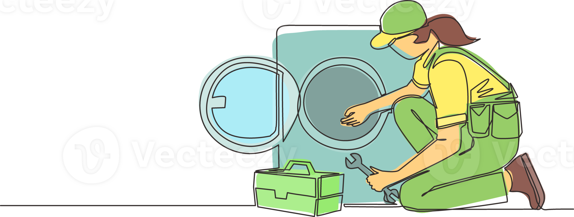 Single continuous line drawing professional repairwoman fixing washing machine at home. Plumbing specialist with toolbox fixing, repairing washer, washing machine. One line draw graphic design png