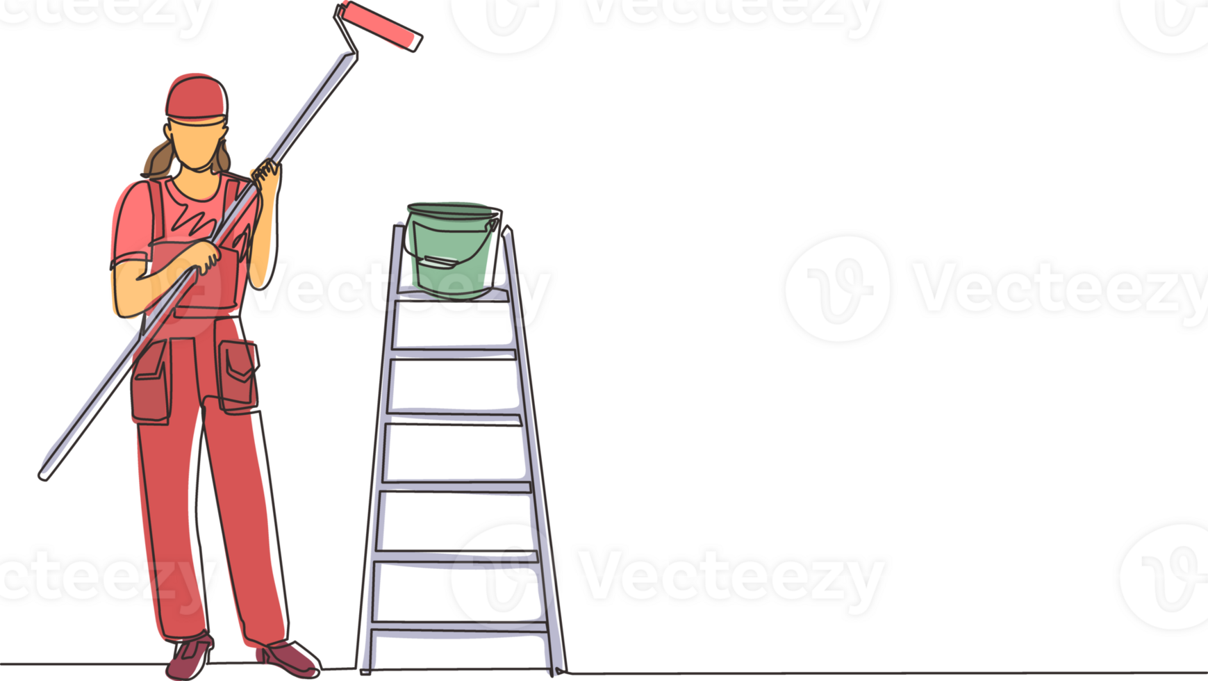 Continuous one line drawing painter woman in overalls with a painting roller, with bucket and ladder. Room painter. Handywoman. Construction worker. Single line draw design graphic illustration png