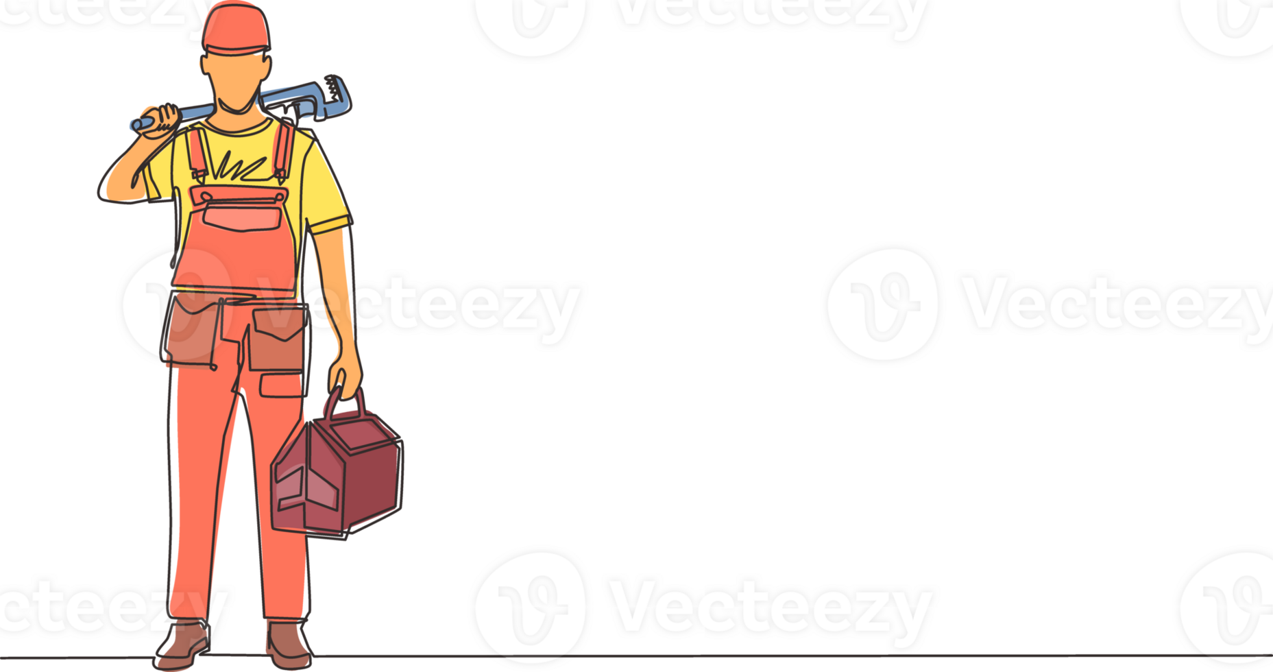 Continuous one line drawing man plumber holding wrench and tools box in hands stands isolated. Professional serviceman character in uniform ready for work. Single line draw design illustration png