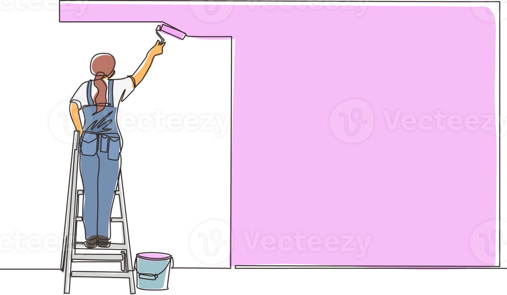 Continuous one line drawing painter standing on staircase paints wall. Woman is holding paint roller in hand. Human runs to provide construction work. Worker in uniform. Single line draw design png