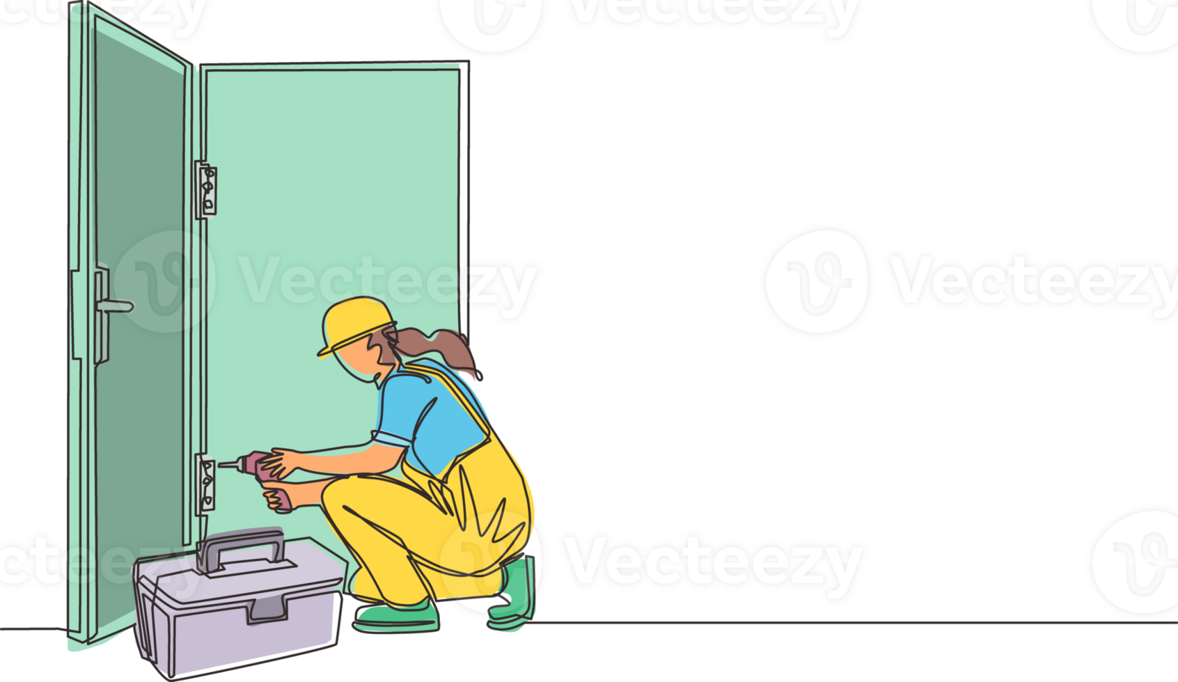 Single one line drawing door service. Repairwoman in the uniform with special equipment repair door element. Locksmith woman fix lock. Construction services. Continuous line draw design graphic png