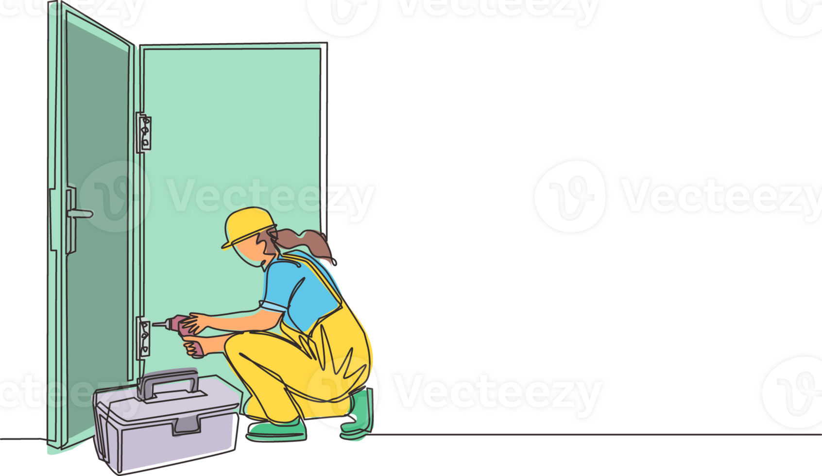 solteiro 1 linha desenhando porta serviço. reparadora dentro a uniforme com especial equipamento reparar porta elemento. chaveiro mulher consertar trancar. construção Serviços. contínuo linha desenhar Projeto gráfico png