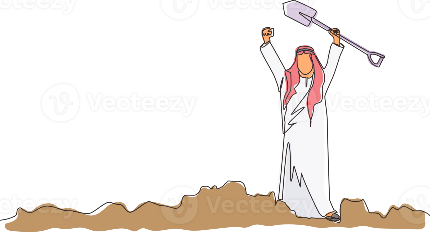 Single one line drawing happy businesswoman standing and holding shovel on dug ground. Woman with excited expression find treasures in dirt. Successful business. Continuous line design graphic png