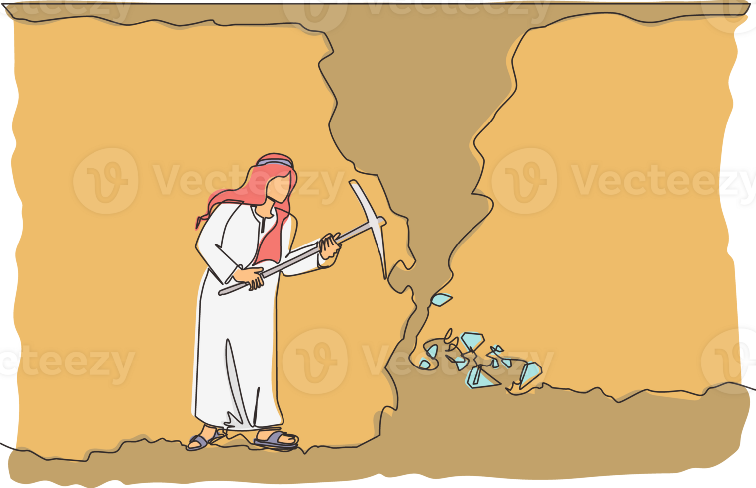 Single continuous line drawing businesswoman digging with pickaxe looking for hidden treasures. Woman digging and mining for treasure chest in underground tunnel. One line draw graphic design png