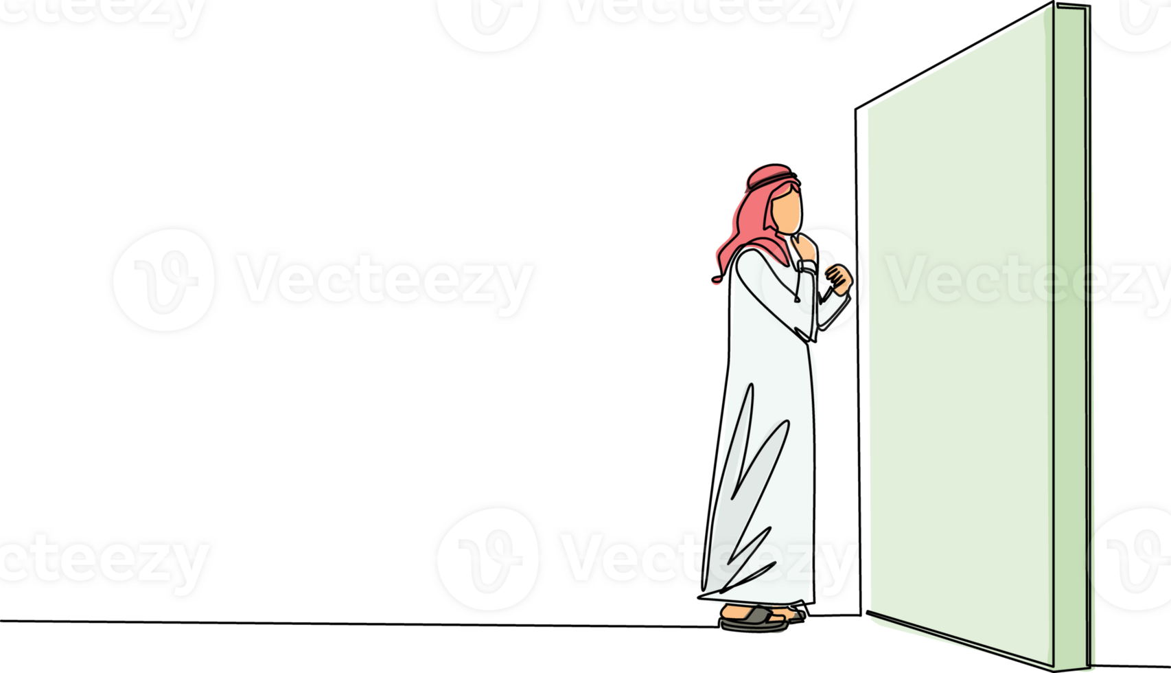 Single continuous line drawing Arabian businessman thinking in front of big obstacle or wall. Abstract representing risk management. Finding solution and problem solving. One line draw design png