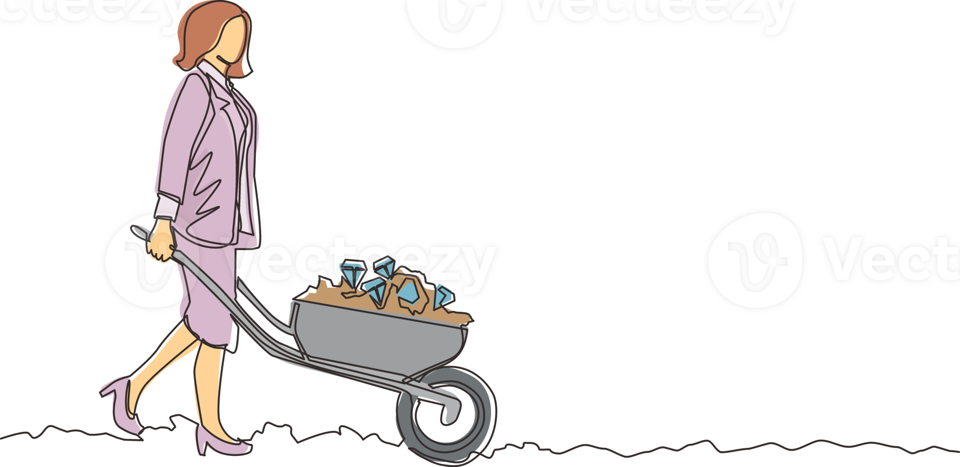Single one line drawing happy Arabian businessman pushing cart full of diamonds. Wheelbarrow with golds, jewelry, precious stone. Business, finance concept. Continuous line draw graphic design png