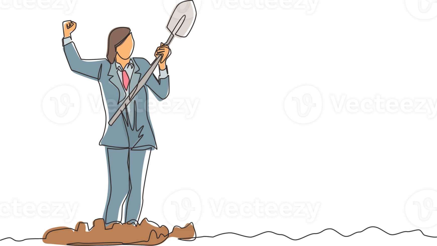 Single one line drawing happy Arab businessman standing and holding shovel on dug ground. Man with excited expression find treasures in dirt. Successful business. Continuous line design graphic png