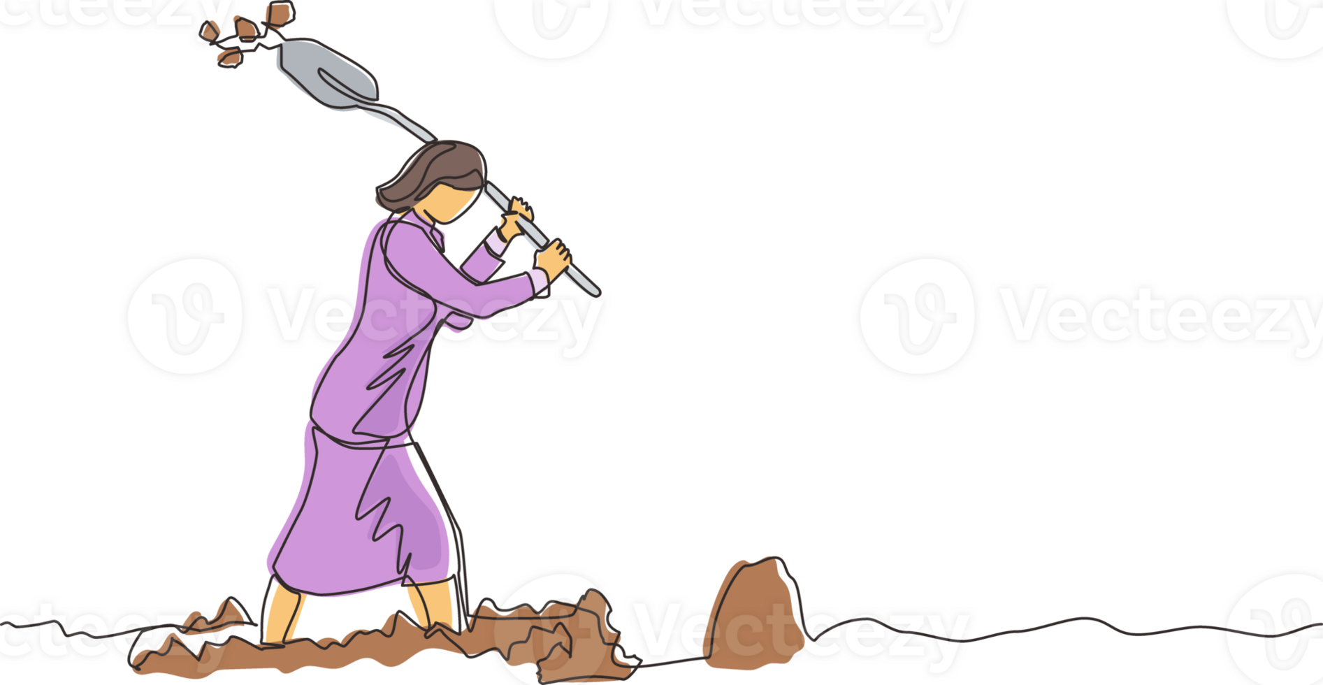 Continuous one line drawing businesswoman digging in dirt using shovel. Woman in blazer dig ground with spade. Treasure digging, growth wealth concept lucky rich woman. Single line draw design png