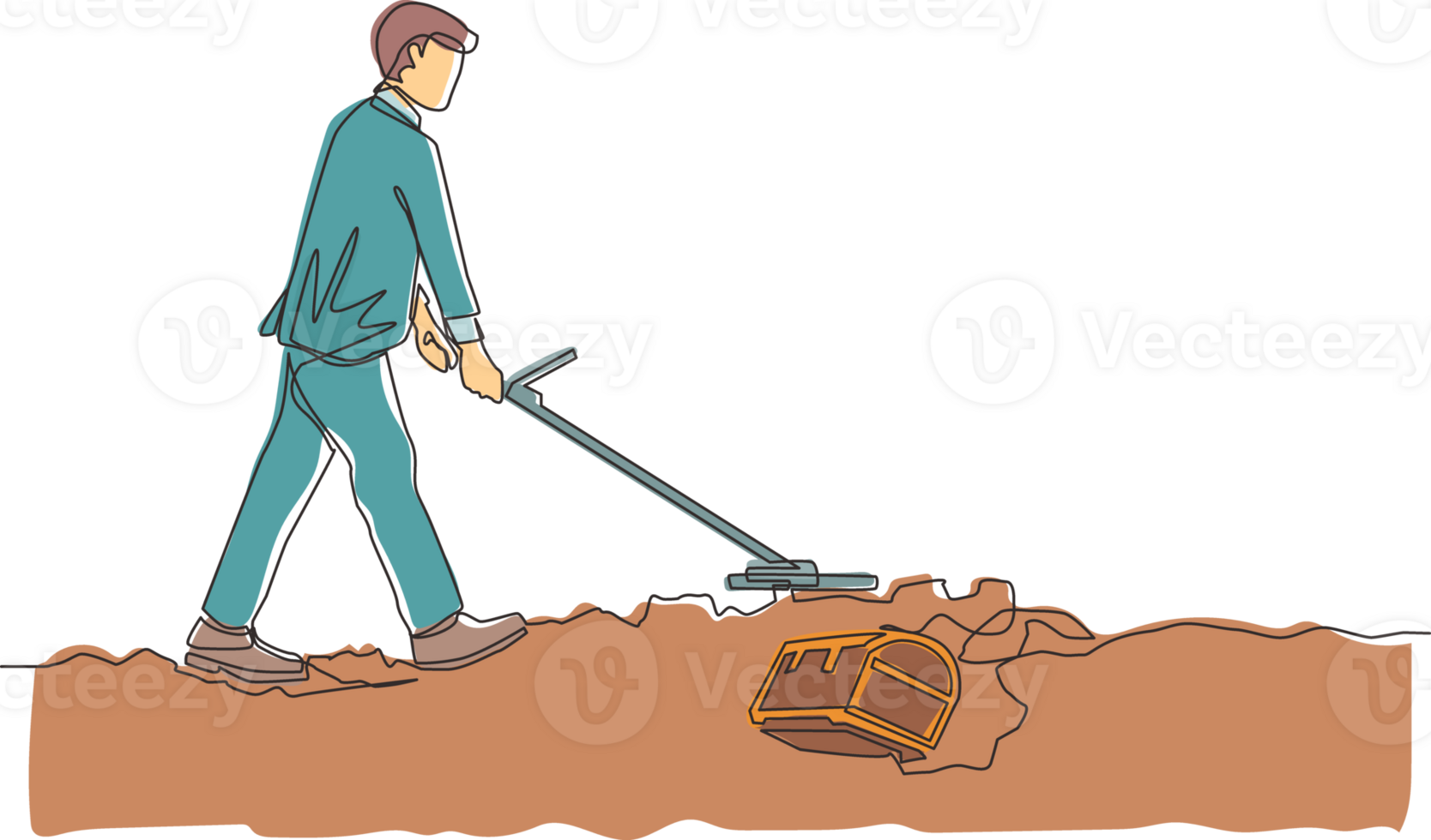 Single one line drawing businessman with metal detector looking for treasure chest. Man treasure seeker with metal detector finding precious jewel. Continuous line design graphic illustration png