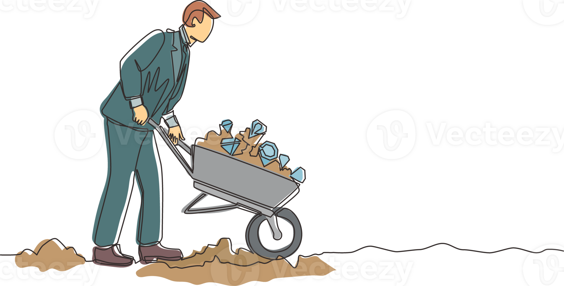 Continuous one line drawing happy businessman in suit pushing cart full of diamonds. Wheelbarrow with golds, jewelry, precious stone. Business, finance concept. Single line draw design graphic png