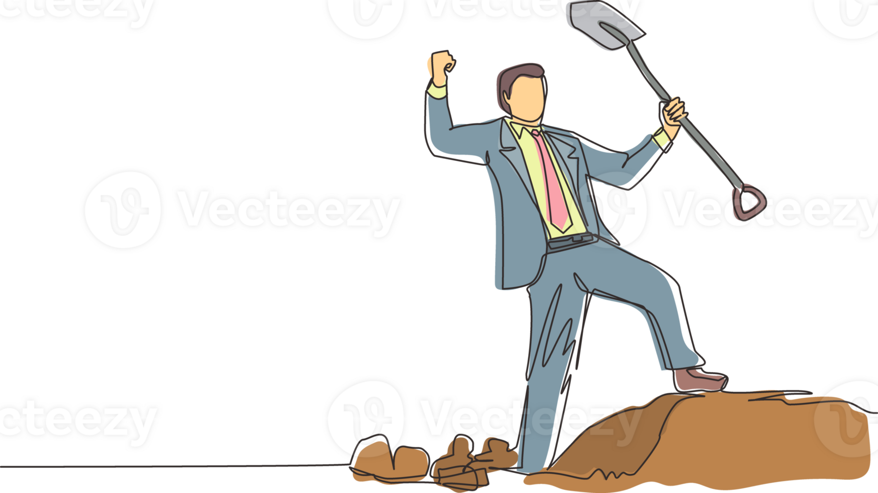 Single one line drawing happy businessman standing and holding shovel on dug ground. Man with excited expression find treasures in dirt. Successful business. Continuous line draw design graphic png