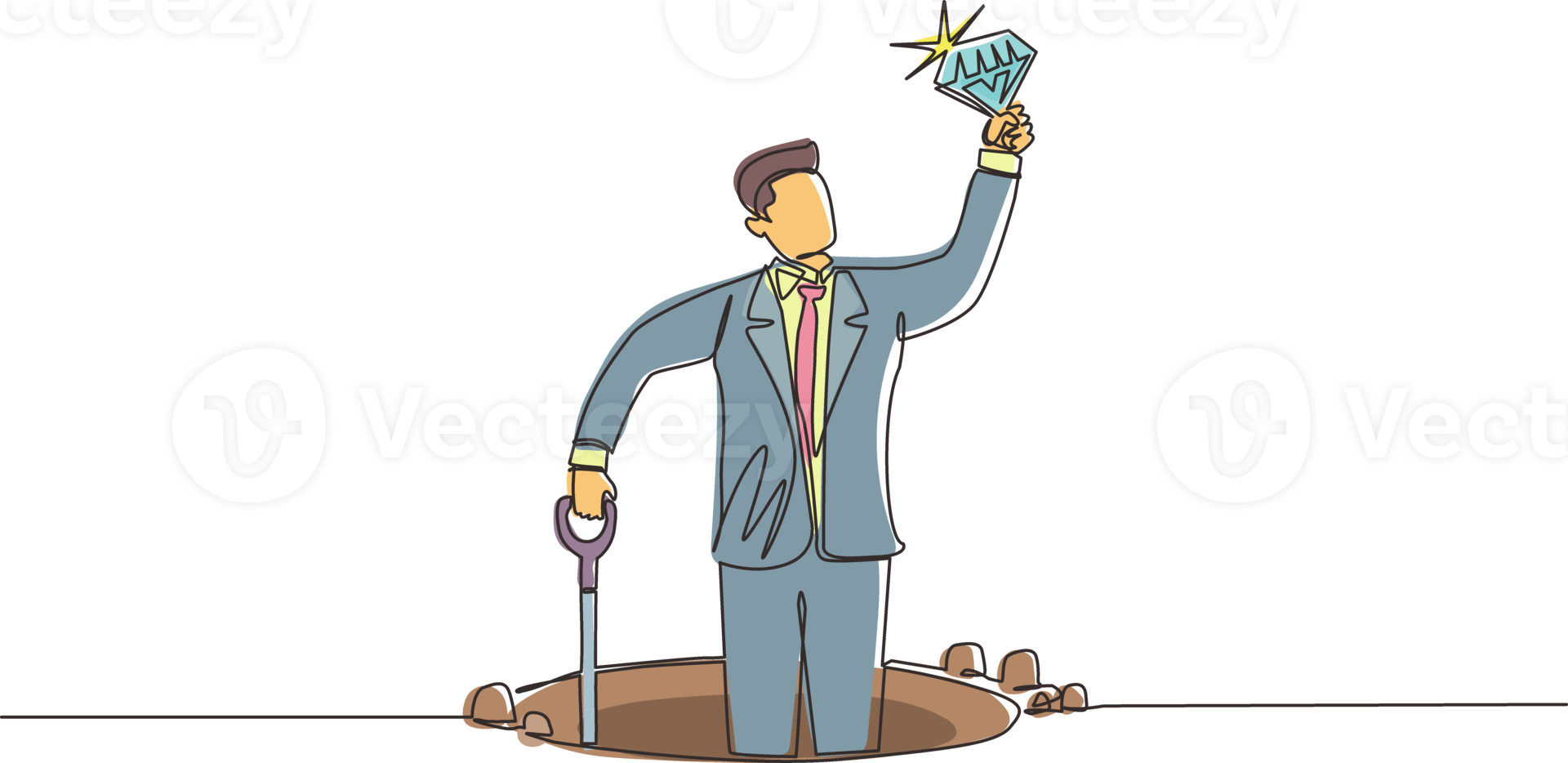 Single one line drawing happy businessman hold and find diamond from ground. Excited treasure seeker with precious stone in hand. Treasure gold hunting. Continuous line draw design illustration png