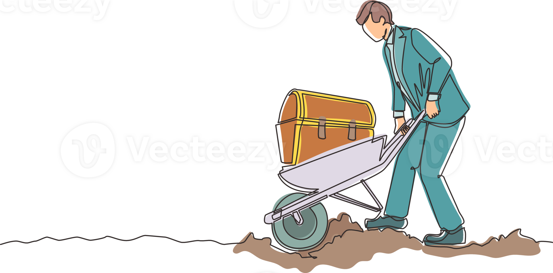 Single continuous line drawing happy businessman in suit pushing cart with treasure chest. Wheelbarrow with golds, jewelry, treasures. Business and finance concept. One line draw graphic design png
