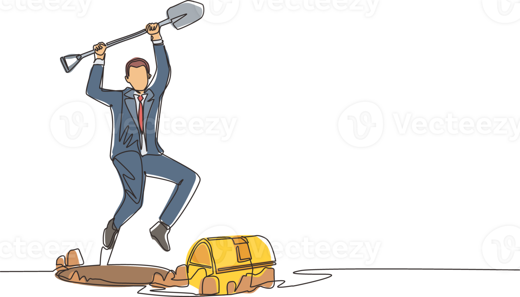 Single continuous line drawing businessman in hole prancing happily while lifting shovel with both hands and finding treasure chest. Lucky rich man. Dynamic one line graphic design illustration png