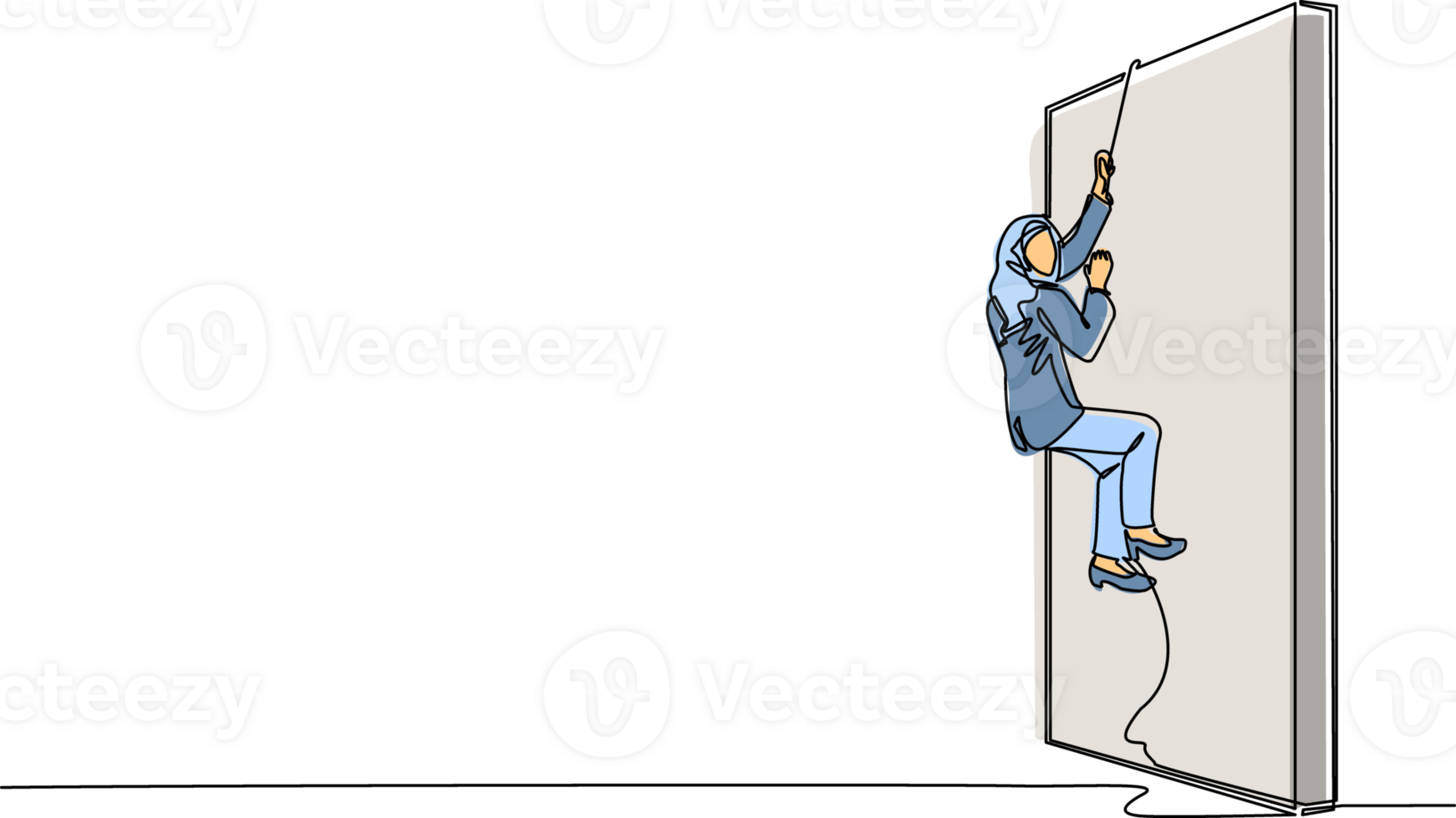 solteiro 1 linha desenhando o negócio determinação conceito com árabe empresária escalada sobre parede com corda. ambição, motivação, carreira crescimento, sucesso, força. contínuo linha desenhar Projeto png