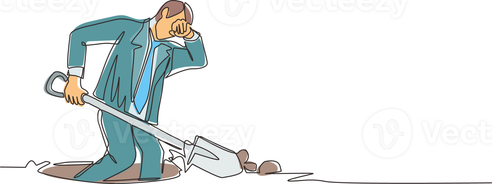 Single continuous line drawing businessman wipes sweat on his forehead while digging hole. Worker never give up to finish his job. Work hard concept. One line draw graphic design illustration png