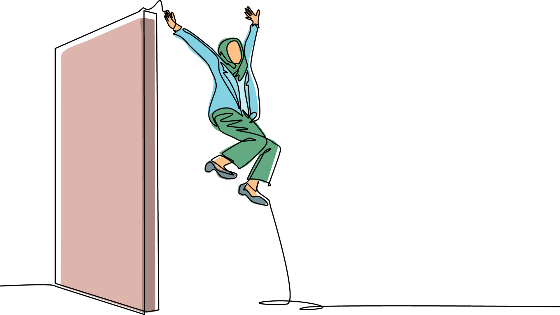 Single continuous line drawing Arab businesswoman managed to jump over