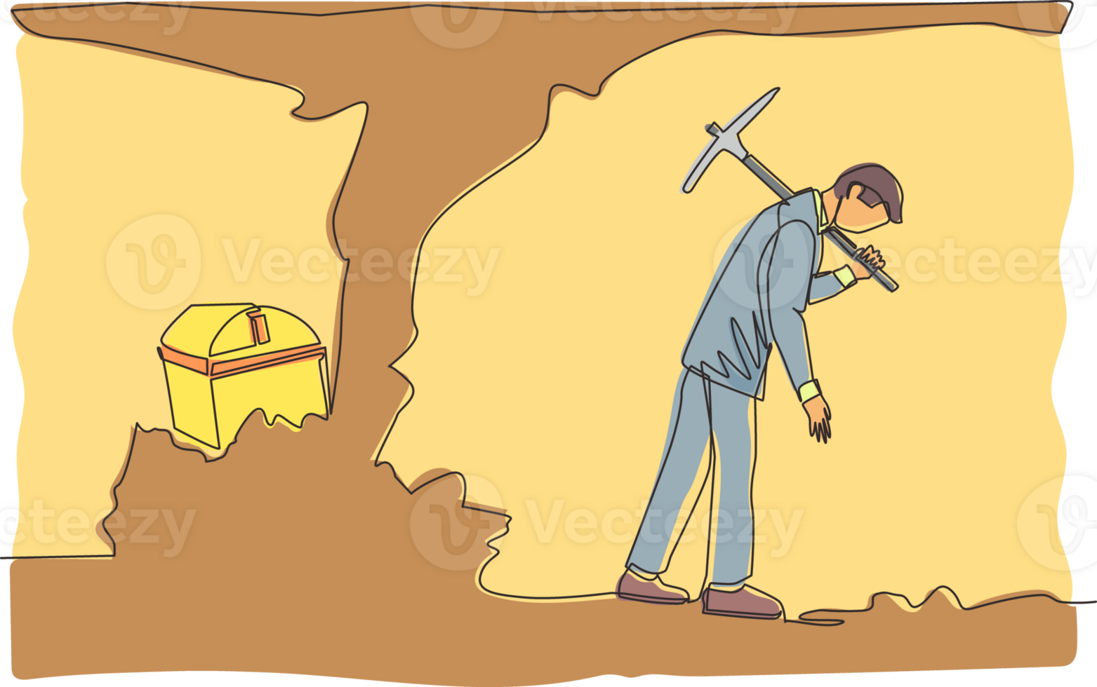 Continuous one line drawing businessman give up before reach money and treasures. Worker gives up digging not knowing treasure chest is almost revealed. Single line design graphic illustration png