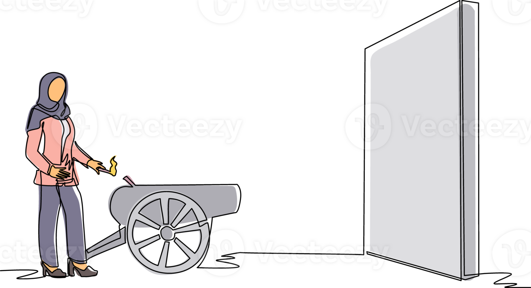 doorlopend een lijn tekening Arabisch zakenvrouw ontsteekt kanon in voorkant van muur en willen naar kapot maken. beginnend nieuw bedrijf bedrijf door vernietigen obstakels naar bereiken doel. single lijn trek ontwerp png