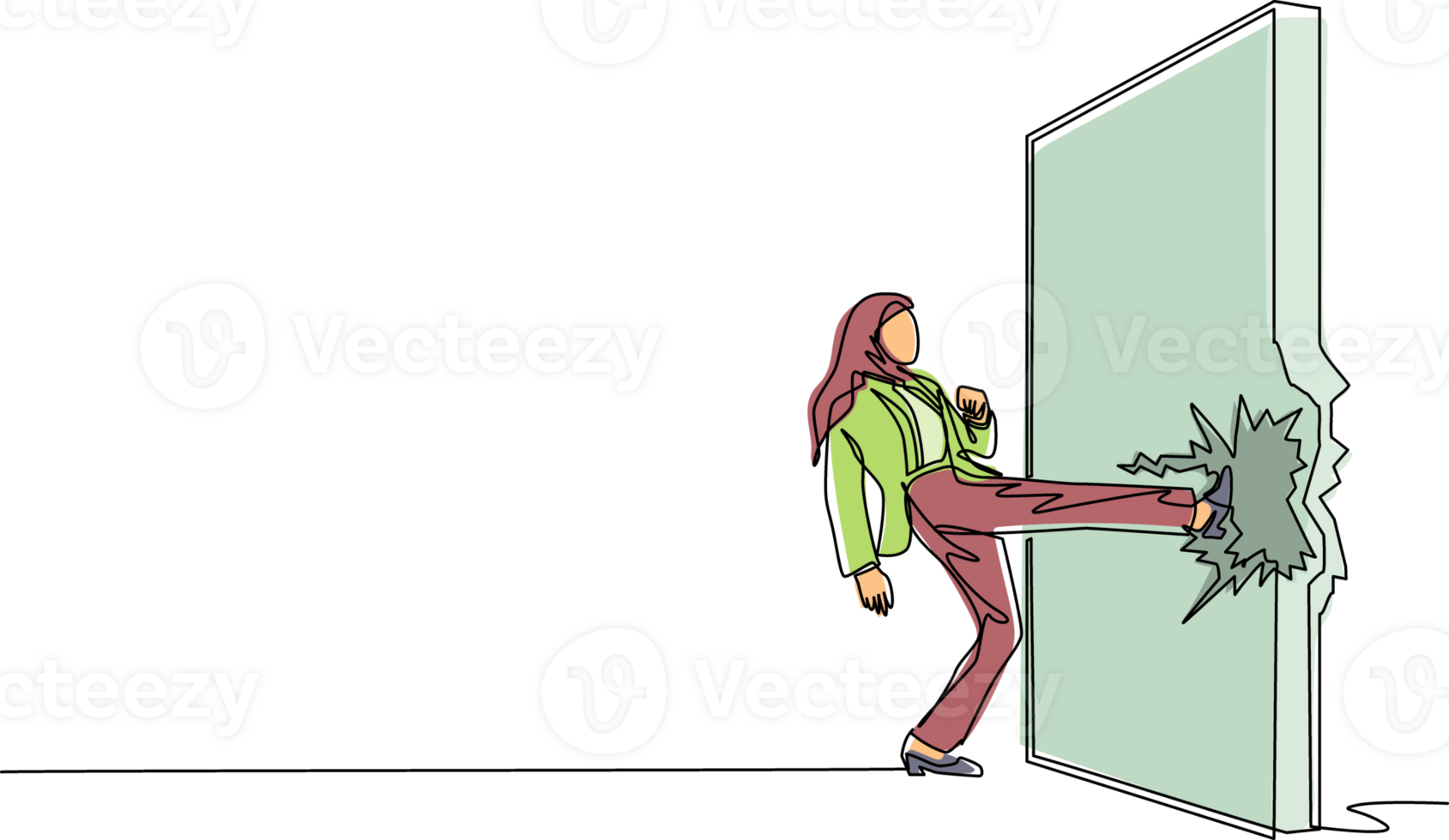 contínuo 1 linha desenhando árabe empresária fazendo kung fu ou karatê pontapé para destruir tijolo muro. o negócio conceito do obstáculo, solução. obstrução arruinado com força. solteiro linha desenhar Projeto png