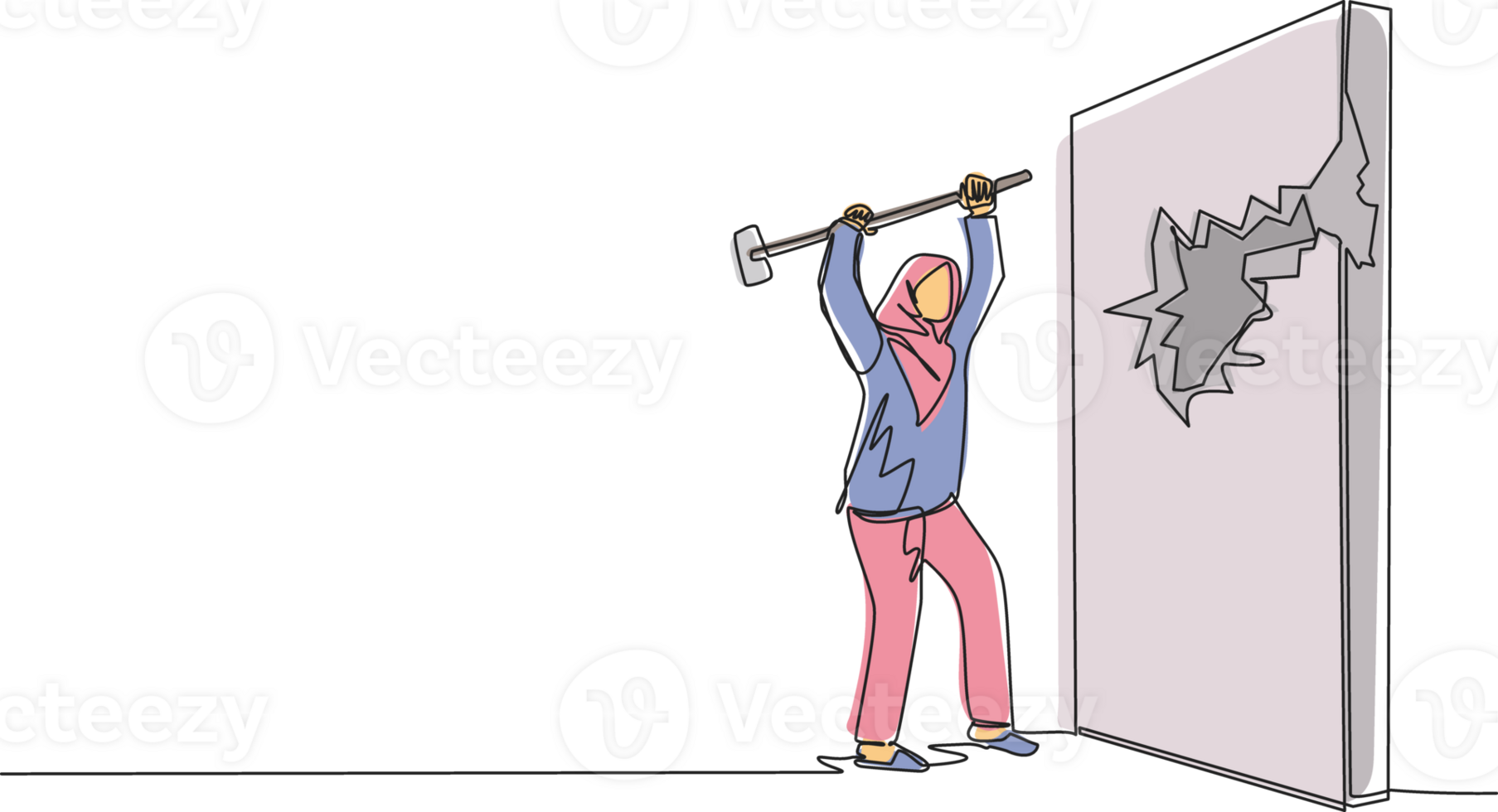 solteiro contínuo linha desenhando árabe empresária rompe e batendo parede com martelo. realização caminho para sucesso. avanço para meta. Liderança dentro negócios. Forte. 1 linha desenhar Projeto png