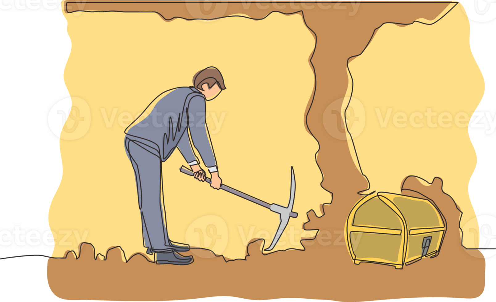 Single one line drawing businessman digging with pickaxe looking for hidden treasures. Man digging and mining for treasure chest in an underground tunnel. Continuous line draw design graphic png