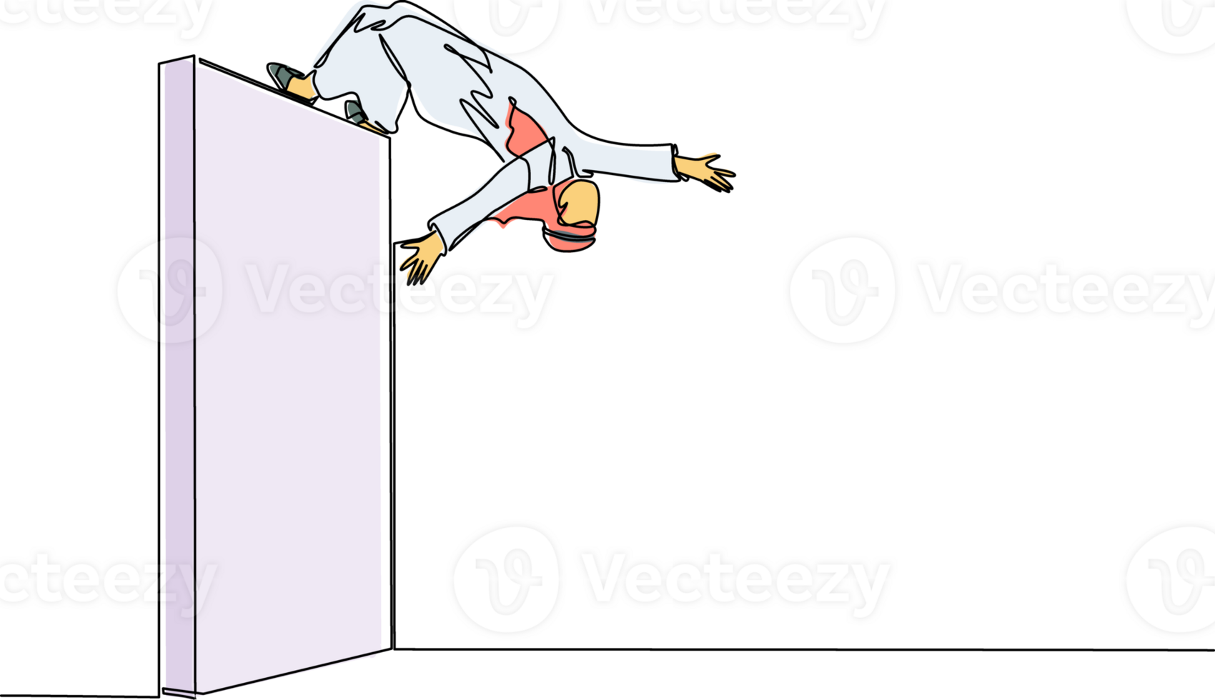 Continuous one line drawing Arabic businessman jumping over brick wall with acrobatic over head style to achieve his goal. Businessman jumping over the wall of barriers. Single line draw design png